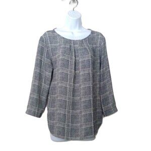 Van Heusen Plaid Top 3/4 Sleeve Stretch Back Curved Hem Career  EUC Sz S